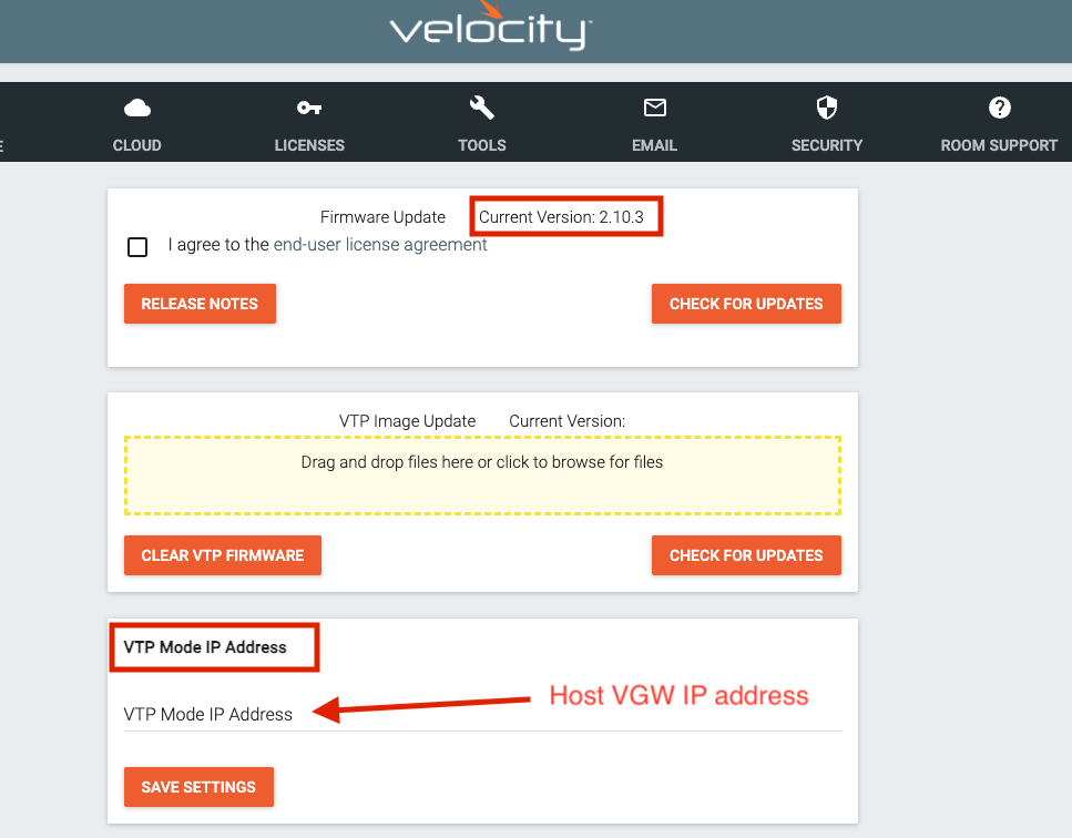 VTP Mode IP Address settings on the VTPG